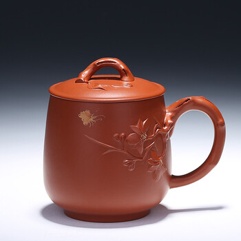 茗臣尚品 全手工紫砂杯 玉兰花杯 宜兴朱泥茶杯 办公室杯子500毫升