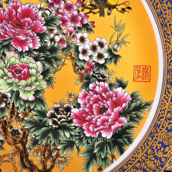 景德镇文燕陶瓷器现代家居工艺品摆件装饰品盘格子摆件办公桌室客厅桌面盘摆件 挂盘子 金边鱼乐图挂盘