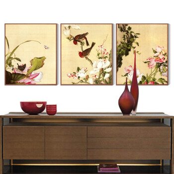 Timax客厅装饰画中式实木有框画 郎世宁花鸟画 客厅背景画玄关壁画餐厅挂画新中式别墅喷绘 喜上枝头-三联 60*80cm高档实木有框画35mm厚