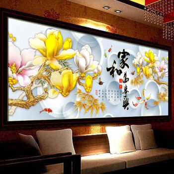 皇室珍品蒙娜丽莎客厅十字绣新款家和万事兴花开富贵玉兰花花卉大幅系列精准印花十字绣 加大版9CT丝线印花 4股绣 2.3米