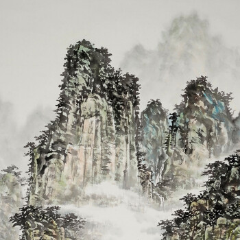 墙蛙 风景系列二客厅装饰画山水画国画办公室挂画中式沙发背景墙画壁画 洪水发 ABC款一套 木纹细框52*102cm