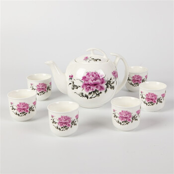 
                                        洁雅杰茶具套装 陶瓷茶具7件套(1茶壶6茶杯)大容量陶瓷茶壶套装 牡丹圆杯                