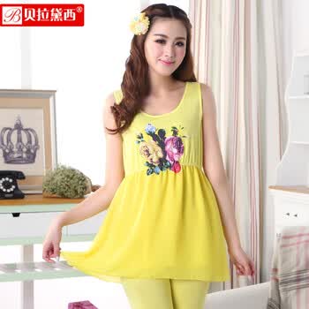贝拉黛西<em>夏季女装</em>无袖<em>睡衣</em>全棉素色<em>雪纺</em>贴花朵