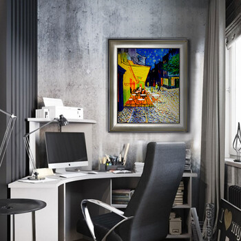 领格 客厅装饰画签约画家纯手工绘制油画  梵高 夜间咖啡 餐厅沙发背景墙挂画 壁画 L银色 35*45L银色