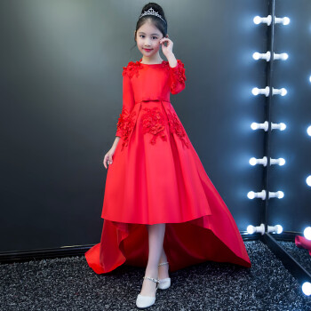 红色儿童礼服生日公主裙女童舞台走秀钢琴演出服主持人秋冬款长袖