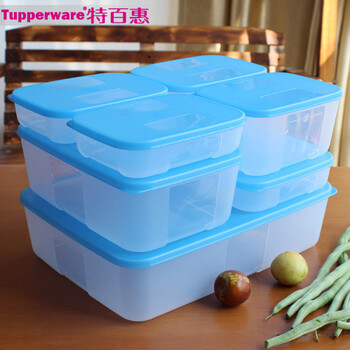 特百惠Tupperware冰箱大容量密封塑料冷冻之家保鲜盒冷藏盒套装7件套冻肉盒盒子 浅蓝色