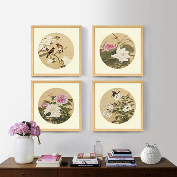 
                                        山迪客厅装饰画餐厅挂画新中式壁画余稚花鸟国画 花卉JK四件套 50X50cm木色画款                