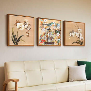 有家装饰画客厅中式现代简约餐厅书房挂画卧室壁画墙画有框三联画古典花鸟国画 工笔花鸟一 三联画 50*50cm