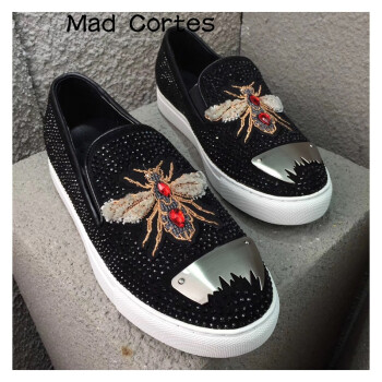 mad cortes香港潮牌2018男士小蜜蜂亮片水钻烫钻低帮男套脚鞋乐福鞋版