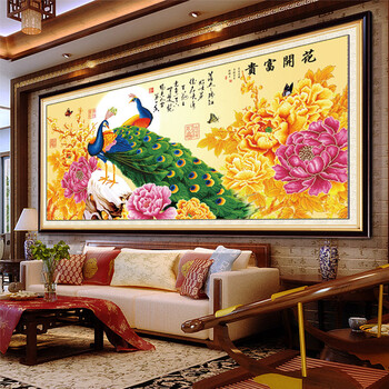 画时代5D钻石画花开富贵孔雀贴钻十字绣客厅大画客厅大幅贴钻画 魔方钻156*75CM 更闪更逼真