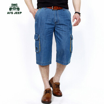 战地吉普AFS JEEP夏季牛仔中裤纯棉中<em>腰</em>直筒