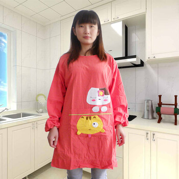大布巴 超可爱小猫长袖围裙 纯棉居家防尘污罩衣围裙 西瓜红 均码