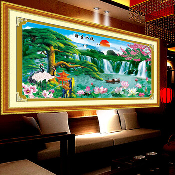 新款钻石画贴钻十字绣流水生财迎客松5D魔方钻圆钻客厅风景钻石绣 魔方圆钻167*83cm山水天空不贴