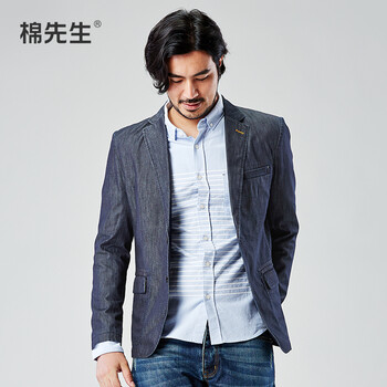 棉先生秋装男士牛仔西服修身牛仔西装薄外套纯棉休闲图片