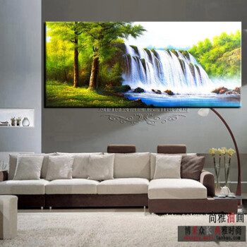 
                                        纯手绘手工油画客厅装饰画手绘山水画瀑布风景画现代壁画挂画风水画聚宝盆沙发背景画墙画壁挂墙饰 无框画 长1.2米宽0.5米                