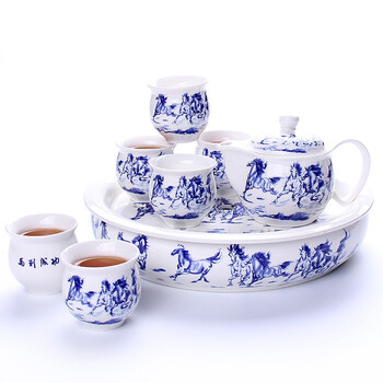 尚帝（shangdi）马到成功陶瓷大号茶盘整套双层隔热茶杯 茶壶带过滤 功夫茶具套装 彩盒装