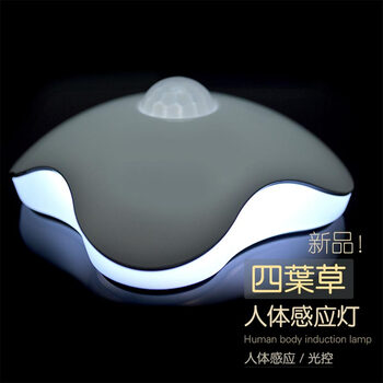 迷你四叶草光控人体感应灯LED节能创意小夜灯电池灯 衣柜橱柜床头灯 自动红外热感应照明夜灯 黄光