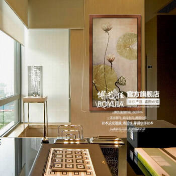 
                                        博艺佳 纯手绘油画 中式复古装饰画 客厅玄关壁画抽象画壁画荷叶 泰式荷叶 50*100CM                