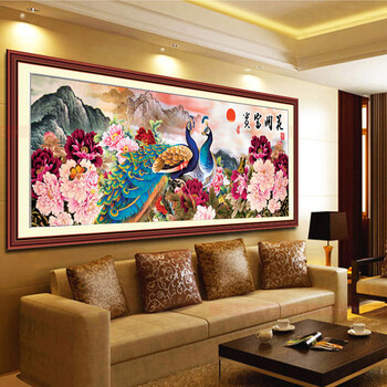 
                                        皇室珍品蒙娜丽莎十字绣精准印花孔雀牡丹花开富贵图大幅画新款客厅2米2.5米系列 大版11CT丝线印200*75                