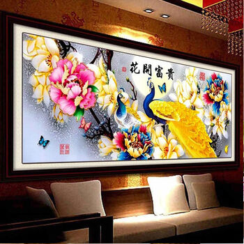 皇室珍品蒙娜丽莎十字绣客厅新款花开富贵孔雀玉兰牡丹花精准印花满绣十字绣 11CT棉线印花小版 3股绣 绣布尺寸1.5米