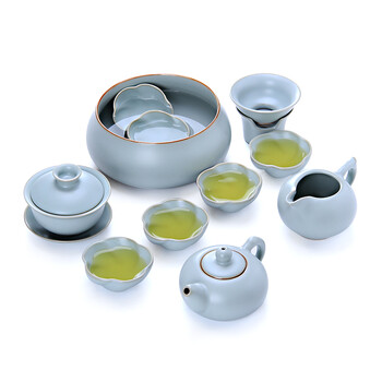 
                                        茗丰堂  台湾原矿汝窑茶具套装可开片可养蝉翼纹整套功夫茶具礼盒装礼品款 西施壶天青色梅花杯                