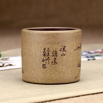 指间陶艺--精品全手工紫砂个人杯主人杯单杯普洱功夫茶杯--粉段刻绘山水品茗杯