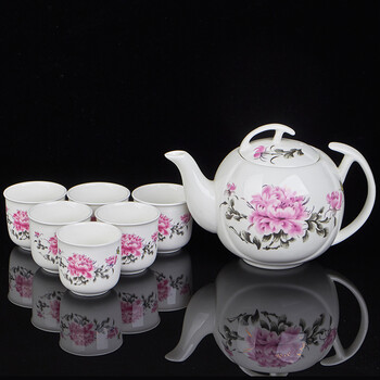 
                                        洁雅杰茶具套装 陶瓷茶具7件套(1茶壶6茶杯)大容量陶瓷茶壶套装 牡丹圆杯                