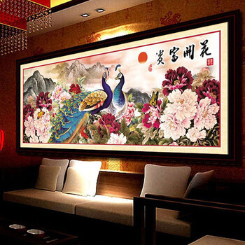 
                                        皇室珍品蒙娜丽莎十字绣精准印花孔雀牡丹花开富贵图大幅画新款客厅2米2.5米系列 大版11CT丝线印200*75                
