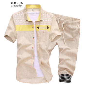 款男装休闲运动套装短袖衬衫单排扣棉麻<em>上衣</em>小