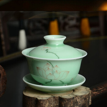 瓷恒堂 手绘荷花青瓷功夫茶具套装 陶瓷茶杯10头礼盒装