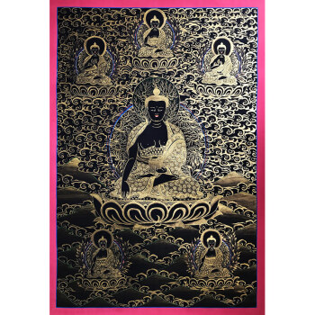 尼泊尔唐卡画师kamal lama作品混合金黑金释迦牟尼多尊唐卡(编号1357)