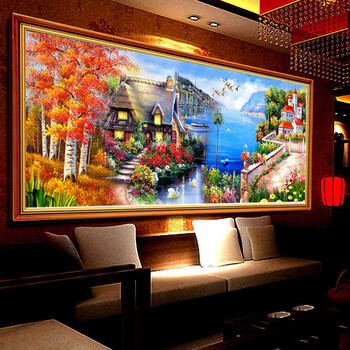 
                                        DMC尖顶魔方钻砖石绣海边小屋 3D新款钻石画客厅风景水晶圆钻十字绣 DMC尖顶魔方钻满钻 150*73cm                