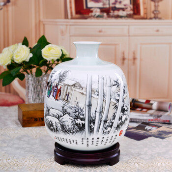 瓷博 景德镇陶瓷花瓶摆件工艺品 创意客厅家居装饰瓷瓶瓷器三顾茅庐雪景人物