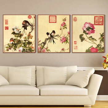
                                        凝美 现代中式客厅装饰画 中国名家郎世宁画 实木有框画 沙发背景墙挂画餐厅画花鸟 郎世宁花鸟三联组合 30*40cm实木有框画35mm厚                