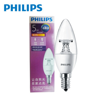 
                                                            飞利浦灯具（PHILIPS）小口灯泡水晶灯欧式花灯球泡拉尾蜡烛尖泡LED灯泡省电节能环保 E14小口 5.5W尖泡黄光2700K                