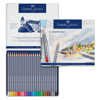 辉柏嘉（Faber-castell）水溶性彩铅笔24色专业手绘美术生专用蓝铁盒彩色铅笔GoldfaberAqua系列114624美术生专用写生