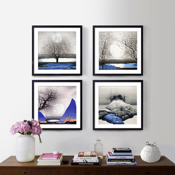 山迪 客厅装饰画现代小清新餐厅卧室壁画墙画挂 岁月四件套+雅黑框 33x33cm实木画框