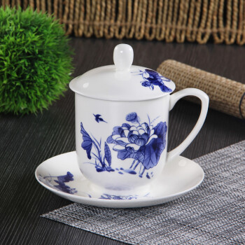 唐山骨瓷会议杯蓝花盖杯青花瓷茶杯水杯陶瓷带盖会议办公用杯瓷杯(杯