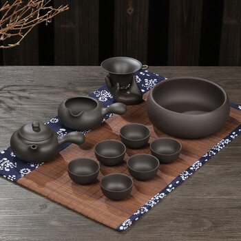 云品家居 整套茶具紫泥 紫砂茶具套装整套陶瓷西施横把壶紫砂功夫茶具 黑横把套餐