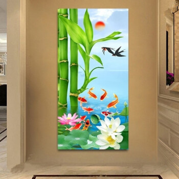 风水画牡丹九鱼图客厅装饰画玄关走廊过道单幅挂画进门墙壁画 14 70*