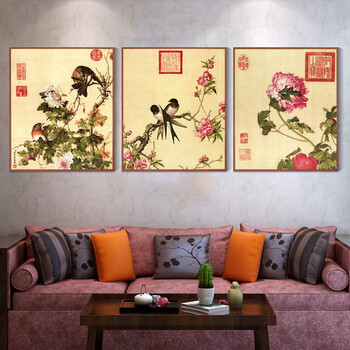 
                                        凝美 现代中式客厅装饰画 中国名家郎世宁画 实木有框画 沙发背景墙挂画餐厅画花鸟 郎世宁花鸟三联组合 30*40cm实木有框画35mm厚                