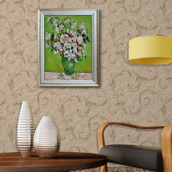 梵高 瓶子中的玫瑰花 手绘油画欧式花卉静物有框画 名画玄关卧室 印象斑斓 有框画-A款 50X60cm-画芯尺寸