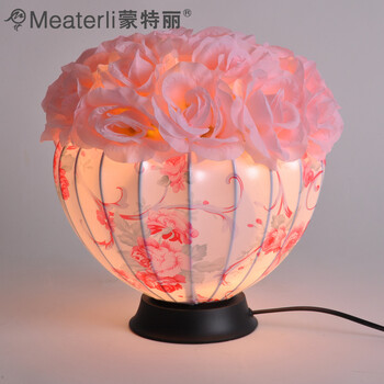 蒙特丽浪漫温馨布艺灯饰灯具6095 粉红色玫瑰花客厅台灯 卧室台灯装饰灯(B) 6095