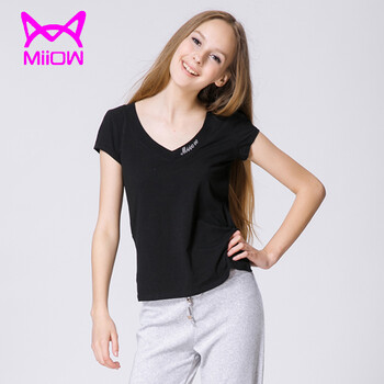 猫人 多色V领<em>短袖女</em>T L112088 <em>纯黑</em> M【图片 