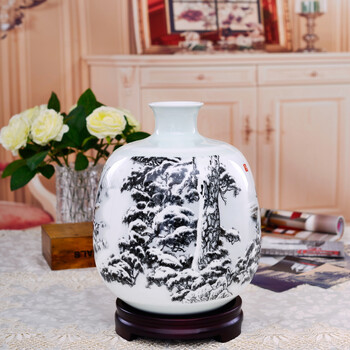 瓷博 景德镇陶瓷花瓶摆件工艺品 创意客厅家居装饰瓷瓶瓷器三顾茅庐雪景人物
