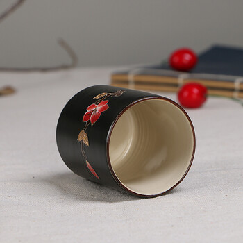 海州窑 功夫茶具纯手工手绘茶杯陶瓷品茗杯 日式创意个人杯陶瓷主人杯小茶杯 亚光黑-木棉花和杯