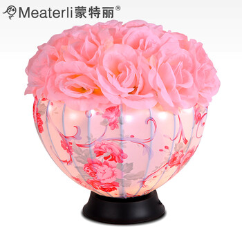蒙特丽浪漫温馨布艺灯饰灯具6095 粉红色玫瑰花客厅台灯 卧室台灯装饰灯(B) 6095