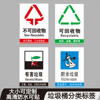 垃圾桶分类标签贴纸可回收物有害垃圾其它垃圾厨余垃圾环保标志 pp胶2图片