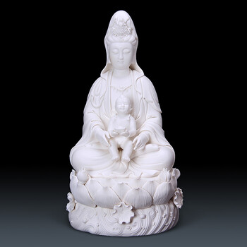 
                                        茗丰堂 12吋德化陶瓷坐莲送子观音菩萨佛像结婚居家客厅供奉摆件                
