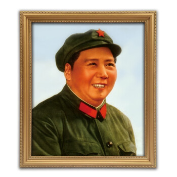 有带框绿军装微笑画像墙画挂画头像伟人像海报壁画 实木金框 48*58cm